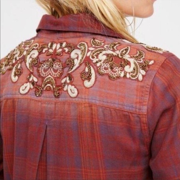 Free People Stevie's Embellished Plaid Shirt Tunic in red/burgundy size M - Picture 2 of 12